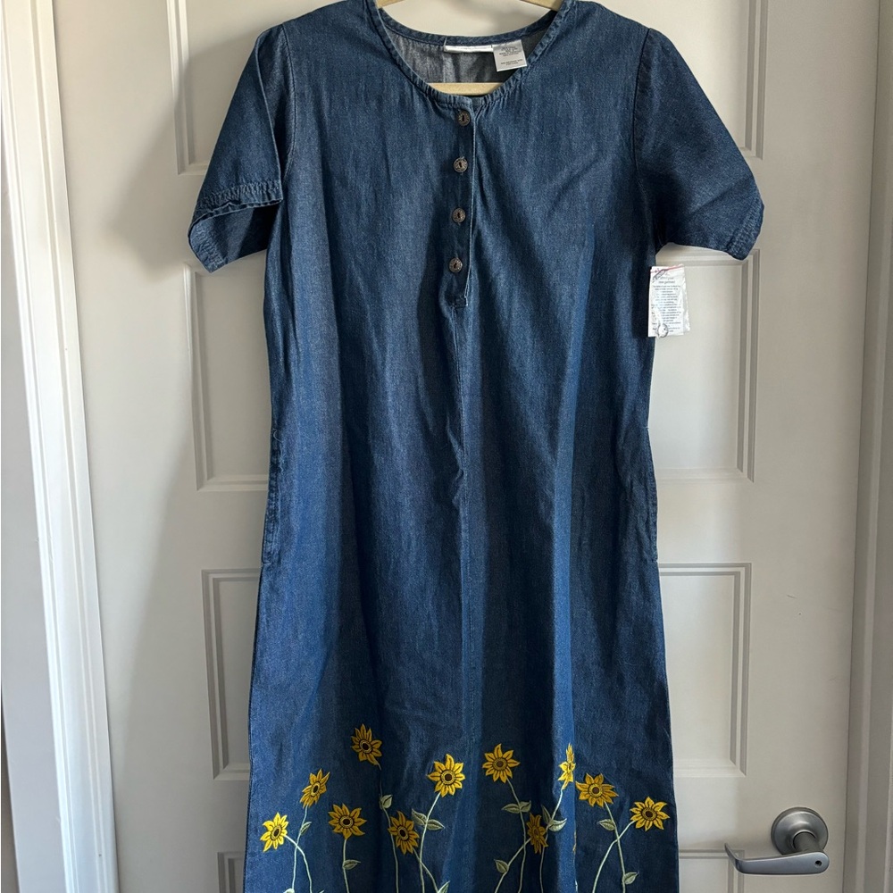 Vintage 1990s National Denim Chambray Floral Sunflowers Coquette Cottage Maxi